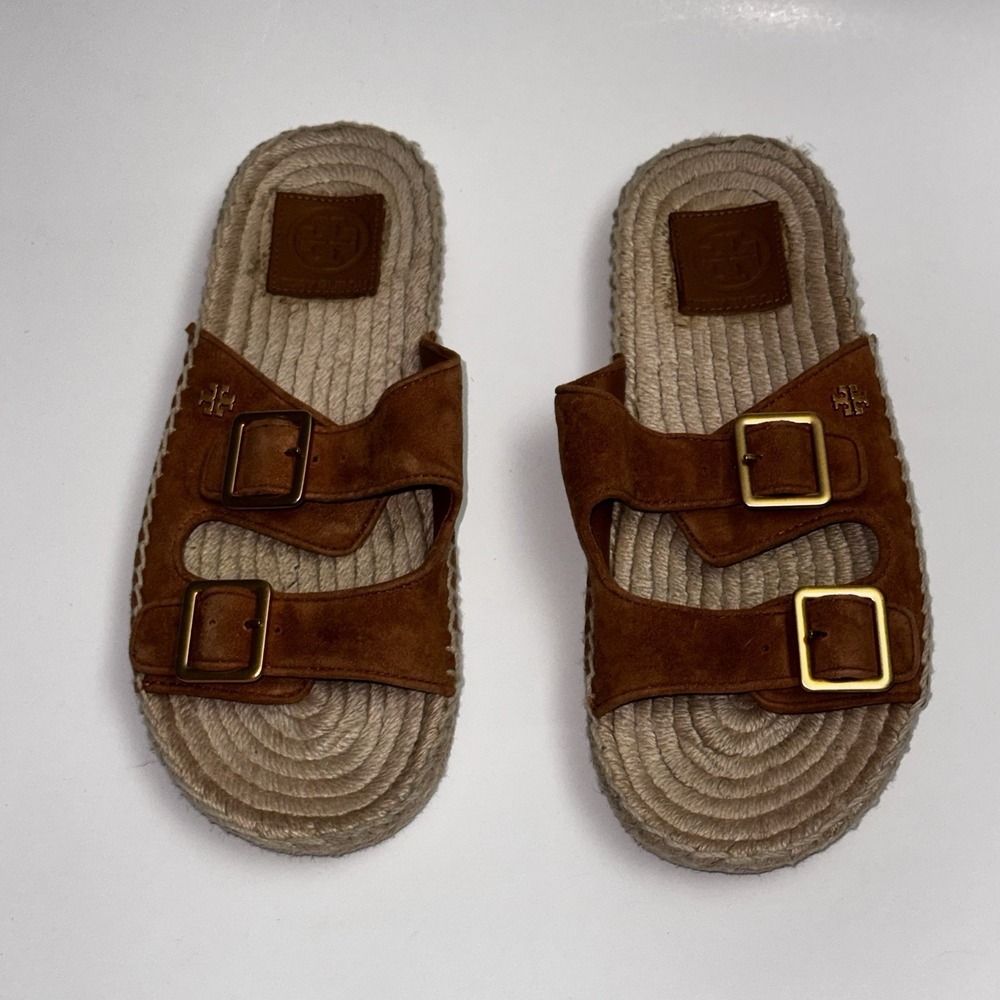 Tory Burch Two Band Espadrille Slide Sandal Ambra Brown Gold Buckles Size 6